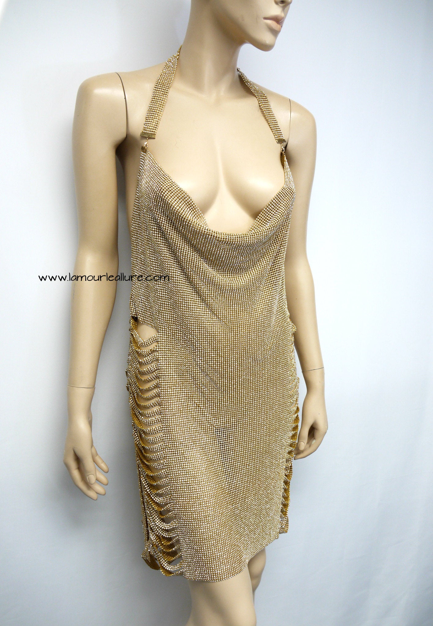 Gold Sexy Luxury Party Metal Crystal Diamond Chain Halter Dress - Backless