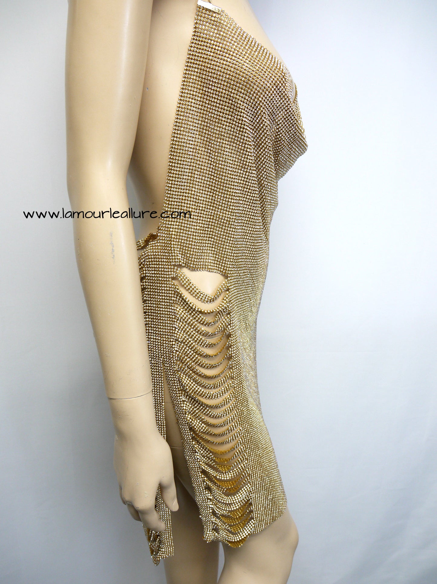 Gold Sexy Luxury Party Metal Crystal Diamond Chain Halter Dress - Backless