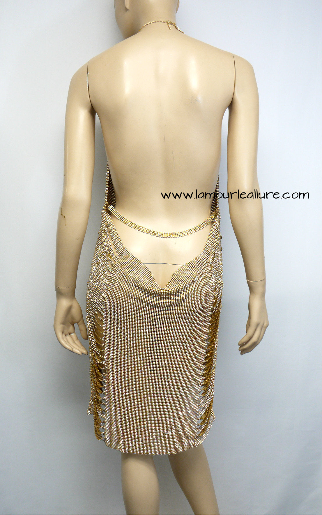 Gold Sexy Luxury Party Metal Crystal Diamond Chain Halter Dress - Backless