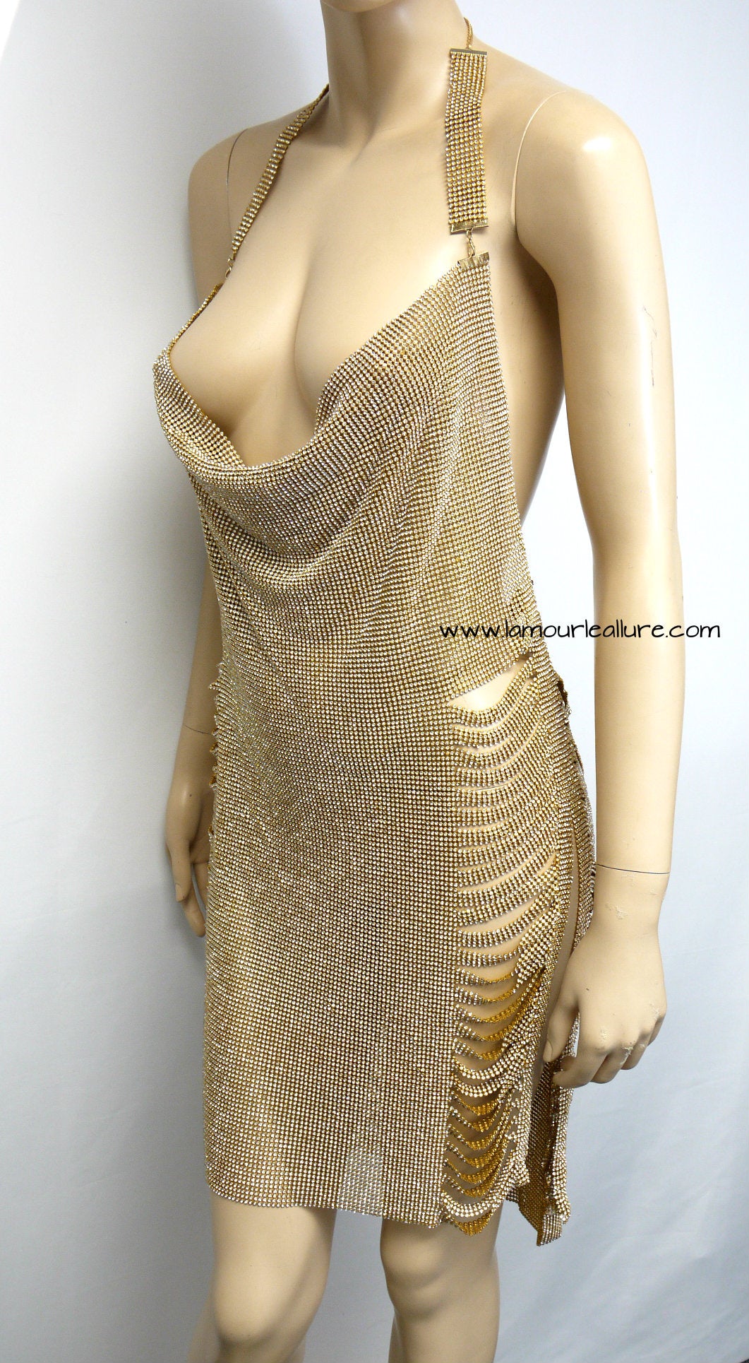 Gold Sexy Luxury Party Metal Crystal Diamond Chain Halter Dress - Backless