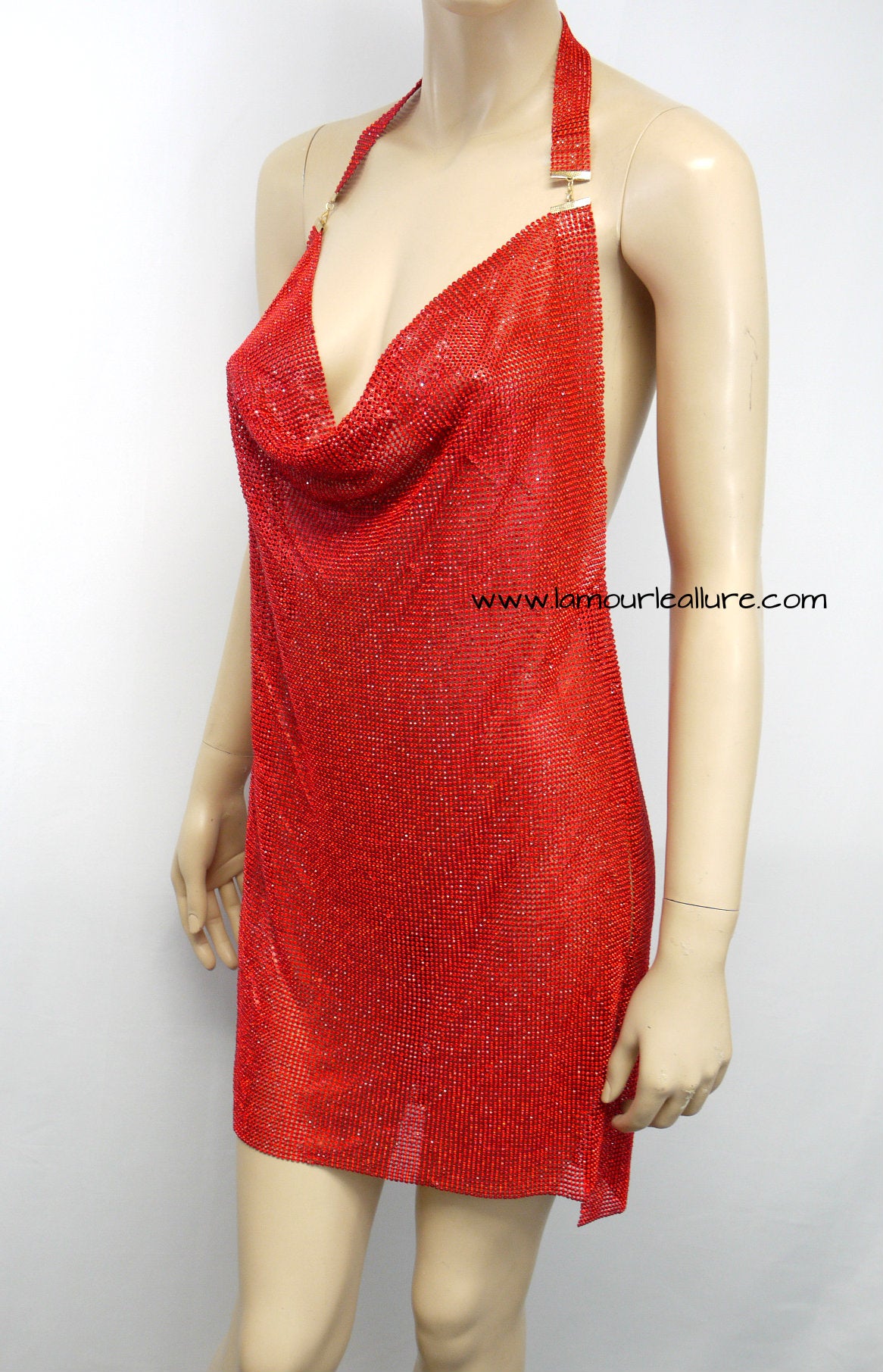 Red Sexy Luxury Party Metal Crystal Diamond Chain Halter Dress - Backless