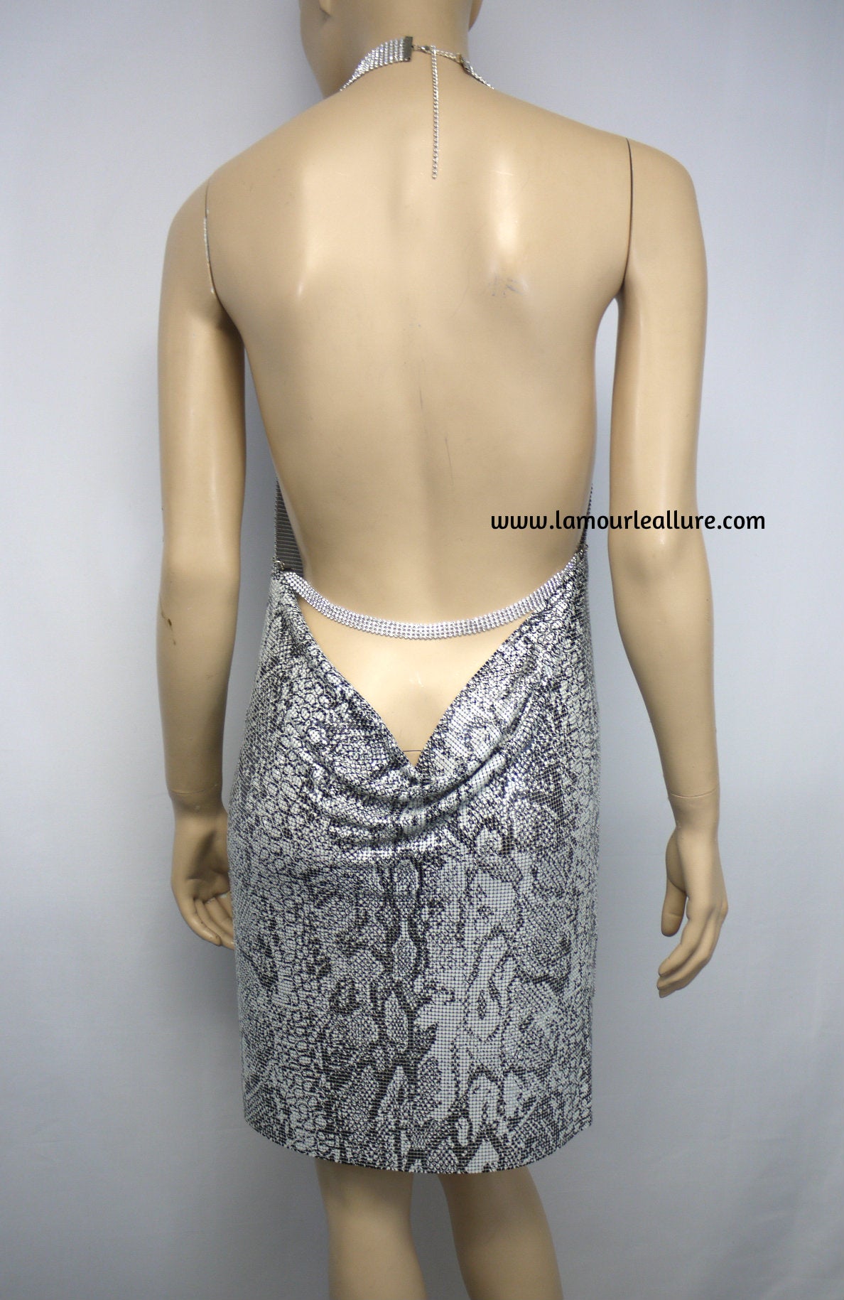 Luxury Silver Snake Skin Rhinestone Party Metal Chain Halter Dress - Backless