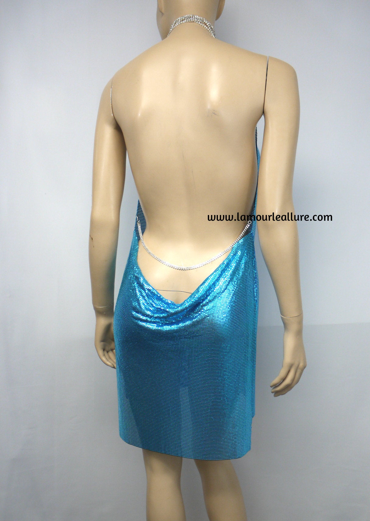 Sexy Luxury Turquoise Blue Rhinestone Party Metal Chain Halter Dress - Backless