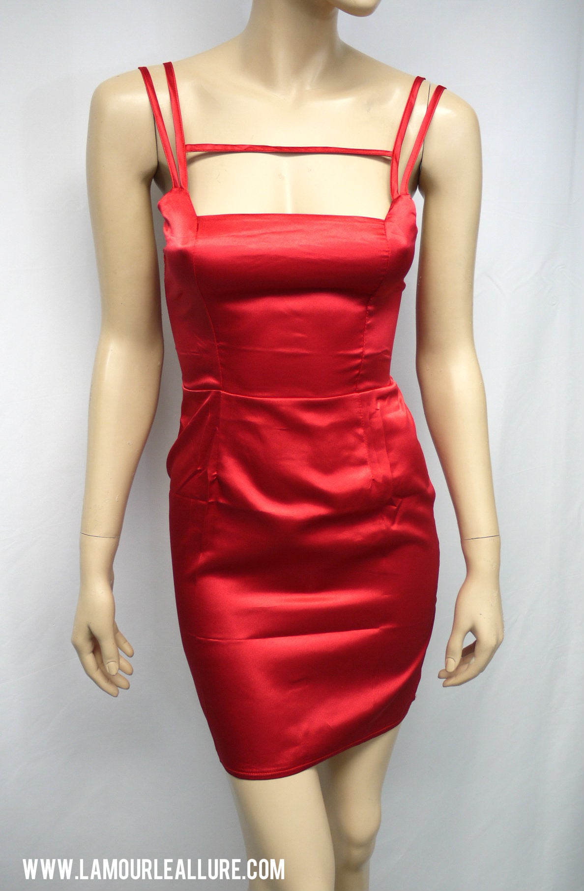 Red Satin Silk Bodycon Cut Out Spaghetti Strap Mini Dress