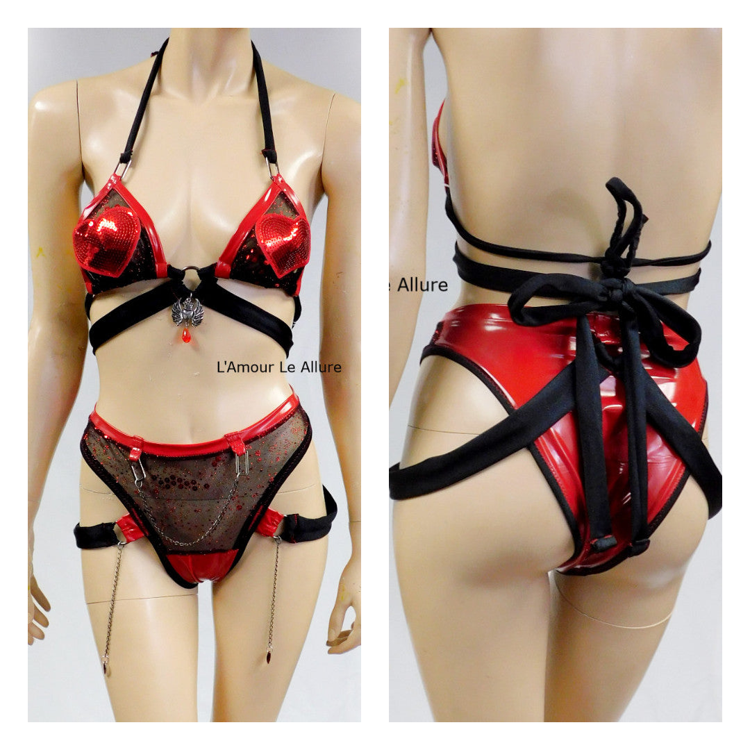 Red and Black Heart Vinyl Bikini Dance Festival Outfit