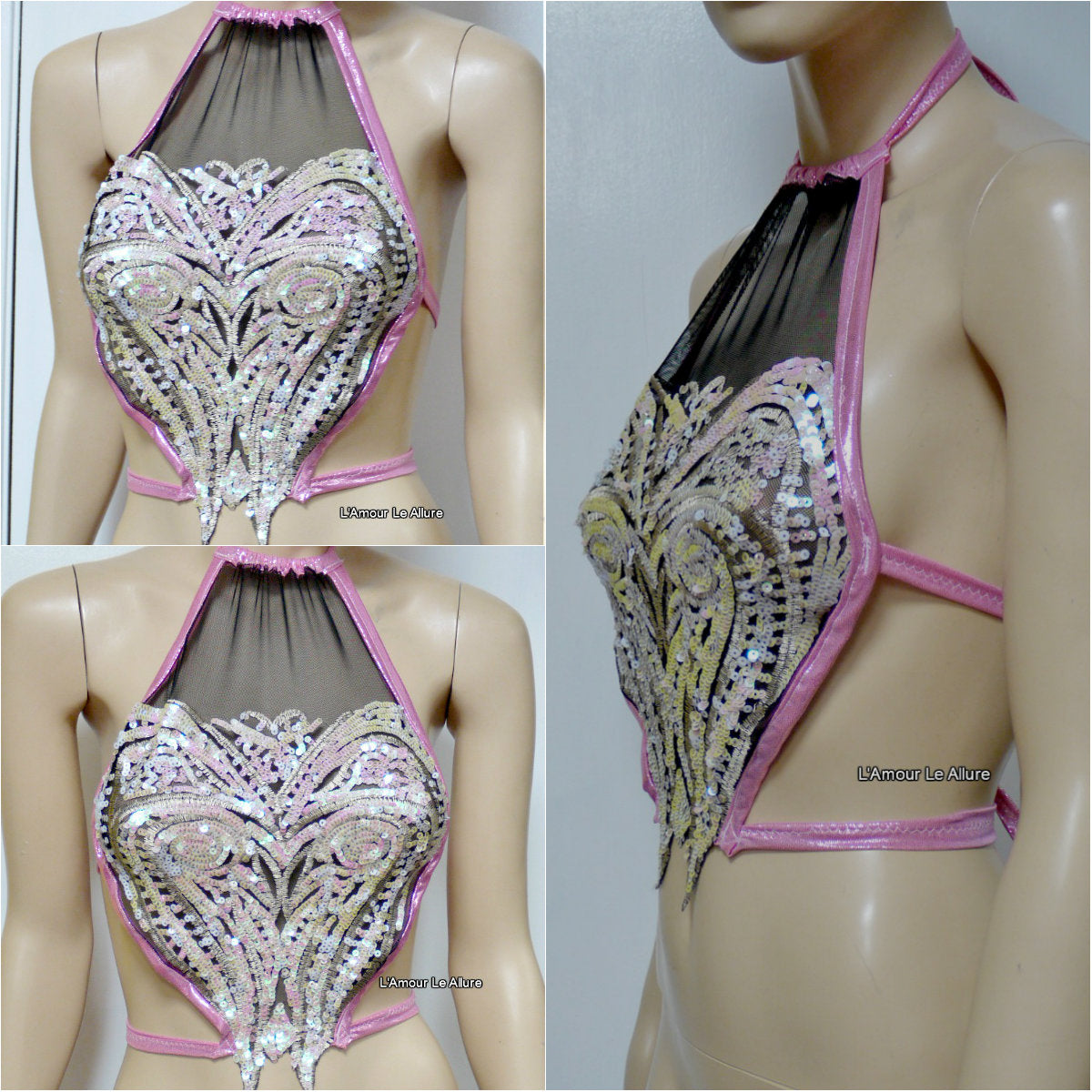 Iridescent Pink Unicorn Princess Sequin Mesh Spandex Halter Top Crop Top Dance