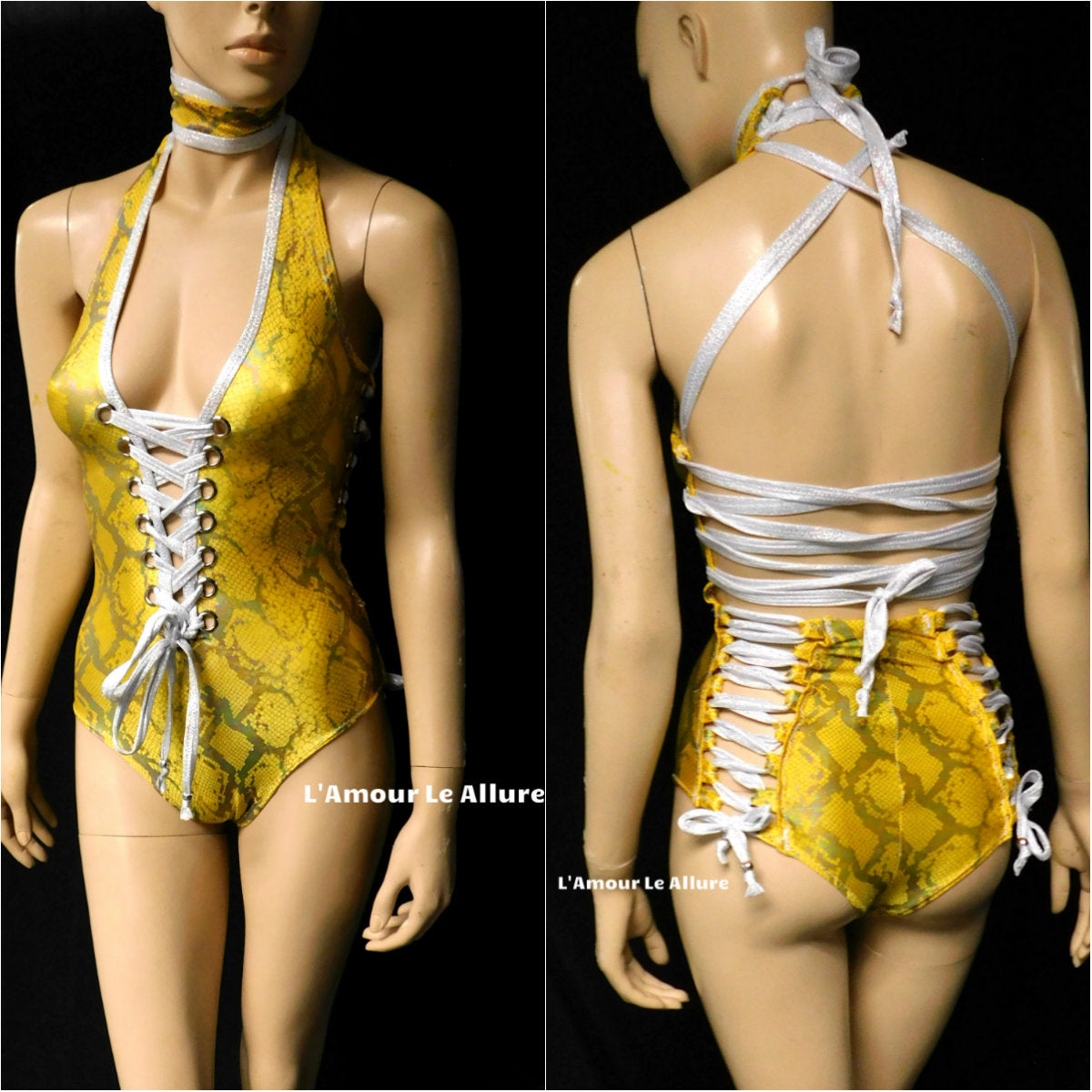 Yellow Holographic Snake Skin Animal Print Monokini Rave Dance Leotard