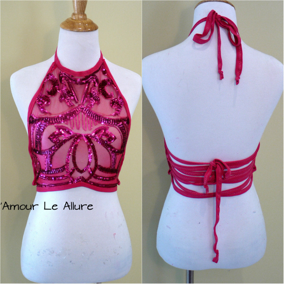 Hot Pink Lotus Sequin Spandex Mesh Halter Top Crop Top Dance Rave