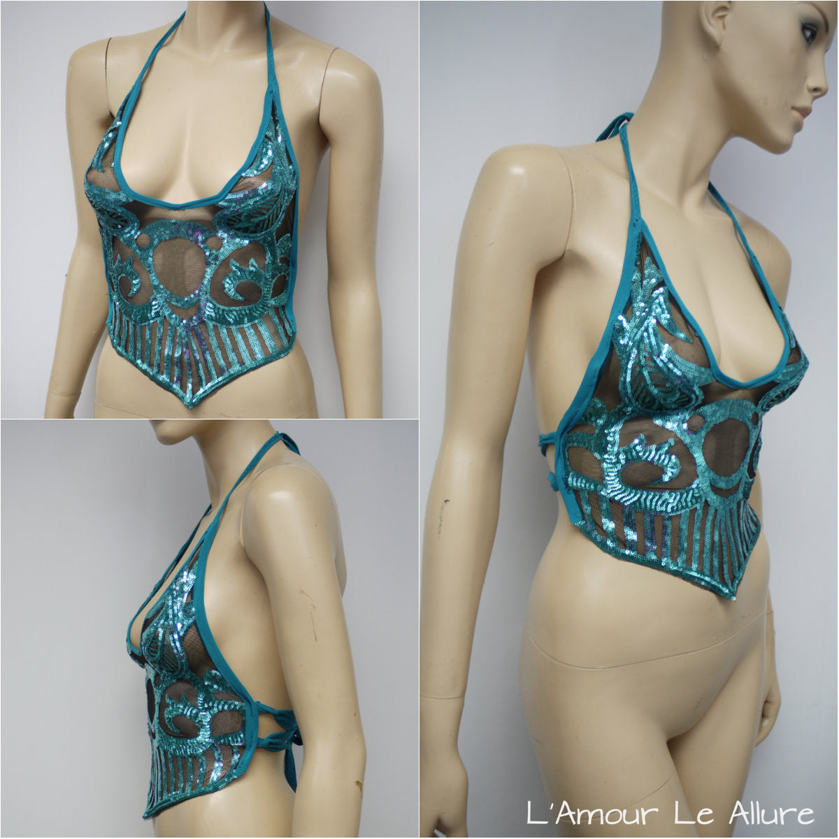 Blue Turquoise Sequin Spandex Mesh Halter Top Crop Top