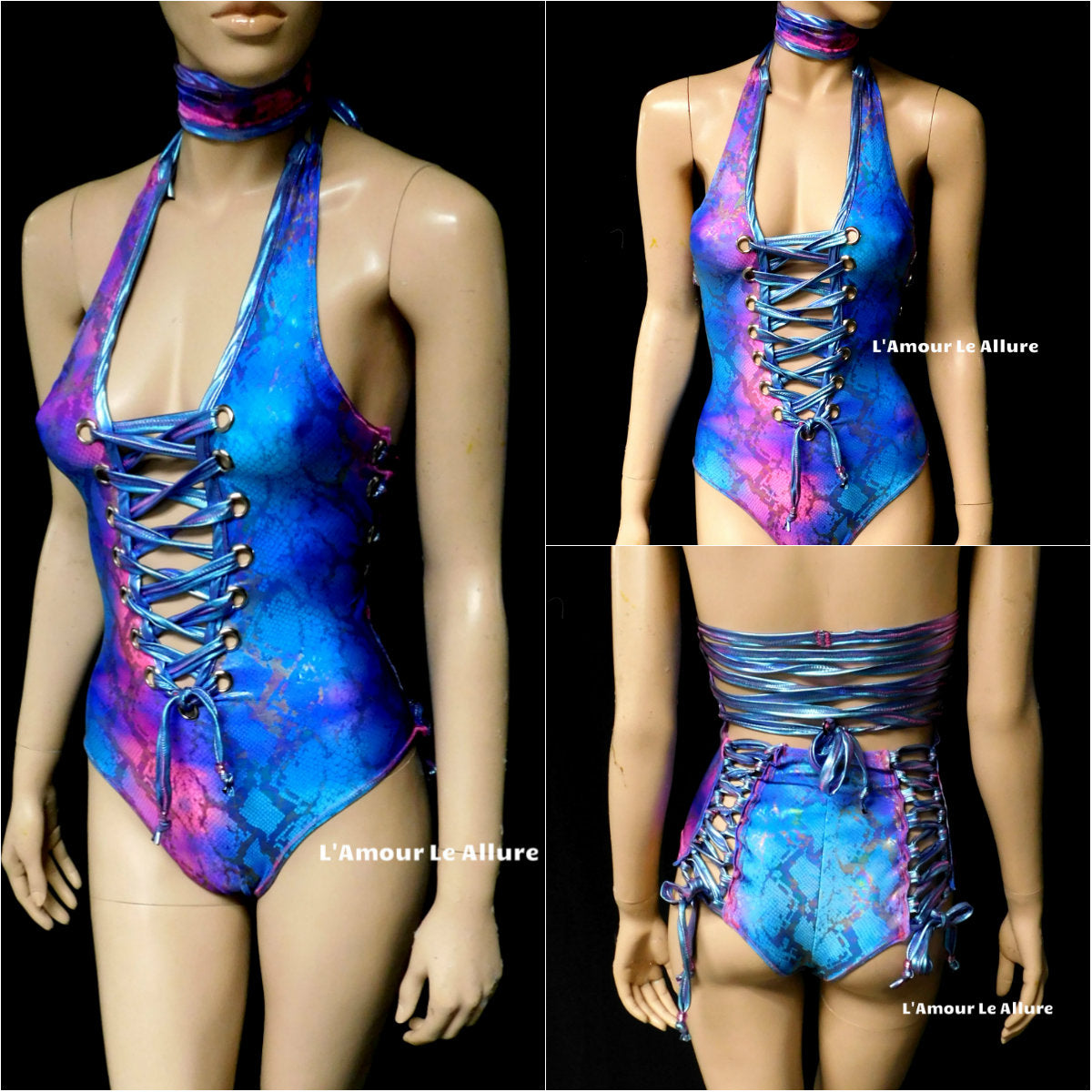 Pink and Blue Cotton Candy Holograhic Snake Skin Animal Print Monokini Rave Dance Leotard