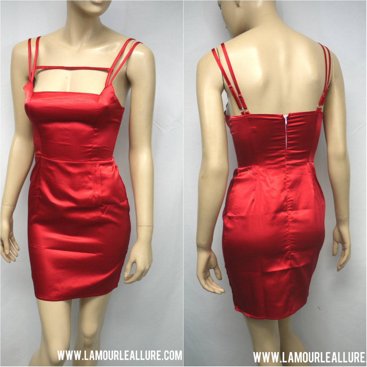 Red Satin Silk Bodycon Cut Out Spaghetti Strap Mini Dress