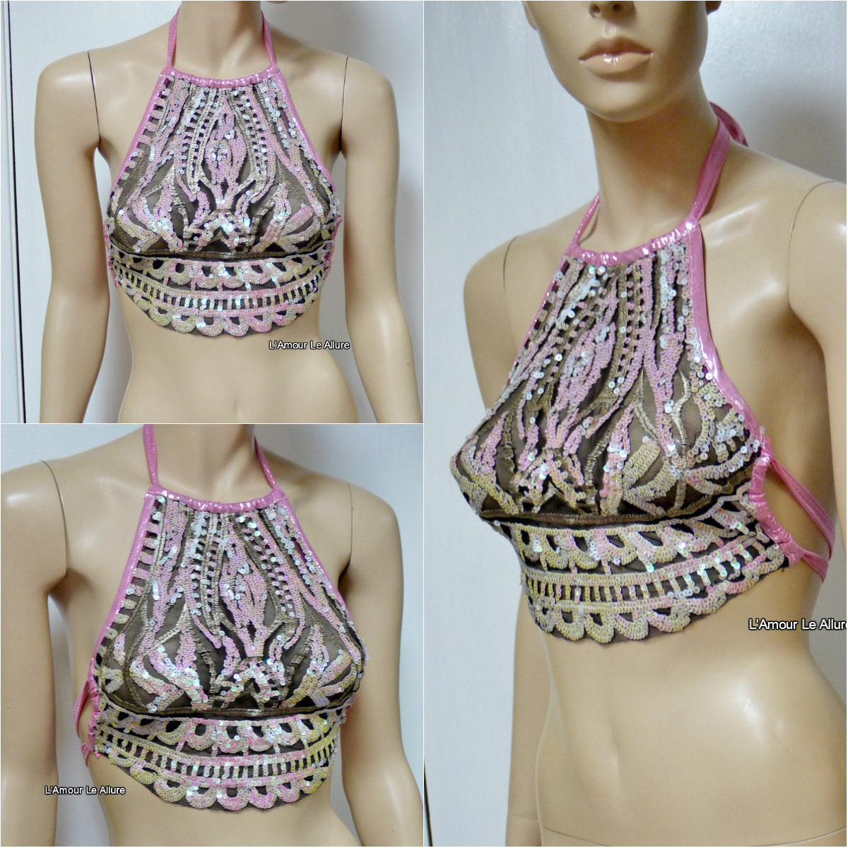 Iridescent Pink Unicorn Princess Sequin Mesh Spandex Halter Top Crop Top Dance