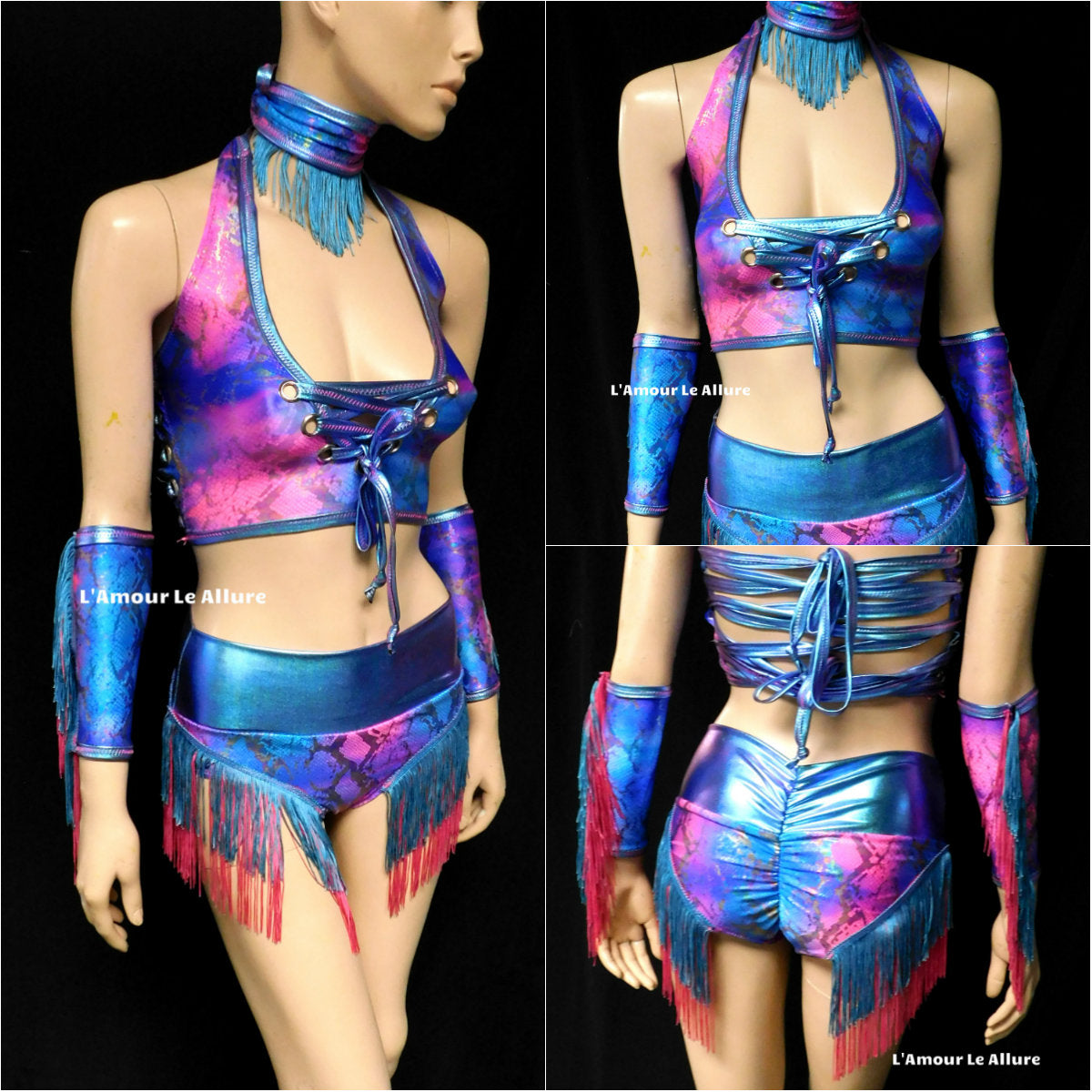 Blue and Pink Holographic Fringe Snake Skin Animal Print Cow Girl