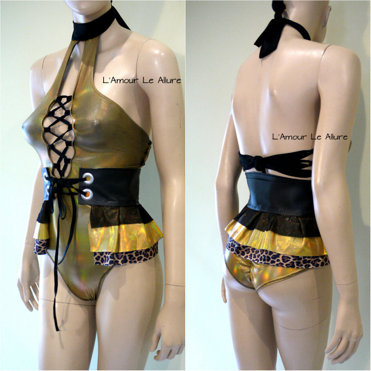 Holographic Leopard Black Gold Monokini with Skirt Jumper Leotard