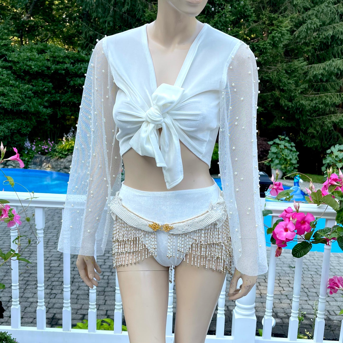 Velvet Pearl Spandex Beaded Mesh Bell Crop Top with Matching Bottom