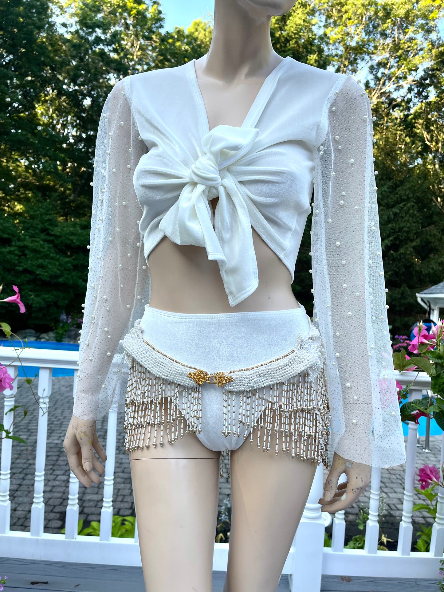 Velvet Pearl Spandex Beaded Mesh Bell Crop Top with Matching Bottom