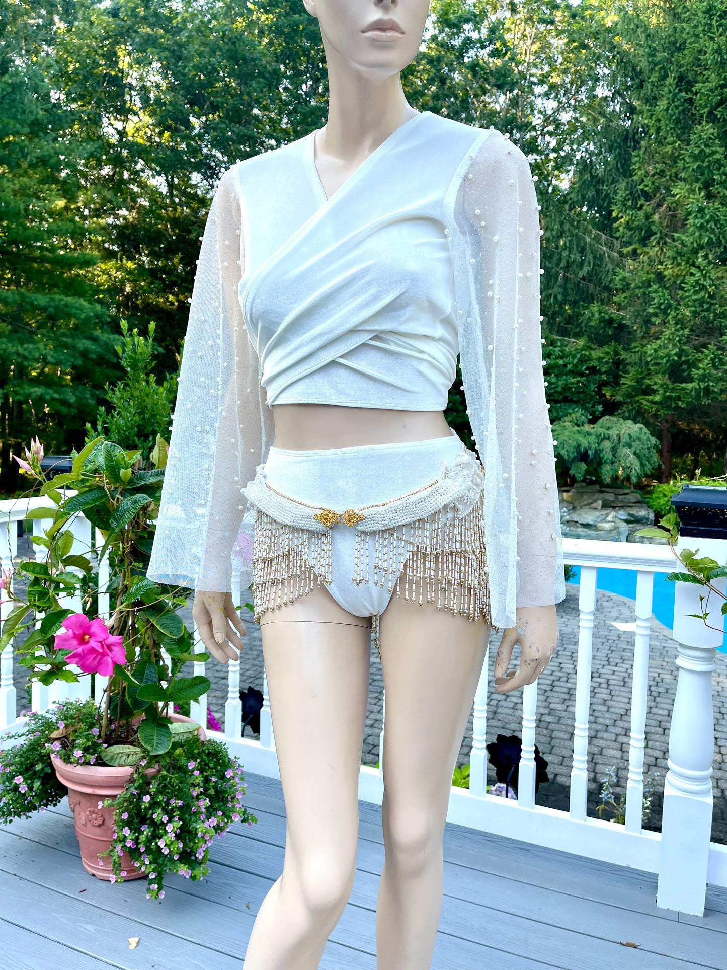 Velvet Pearl Spandex Beaded Mesh Bell Crop Top with Matching Bottom