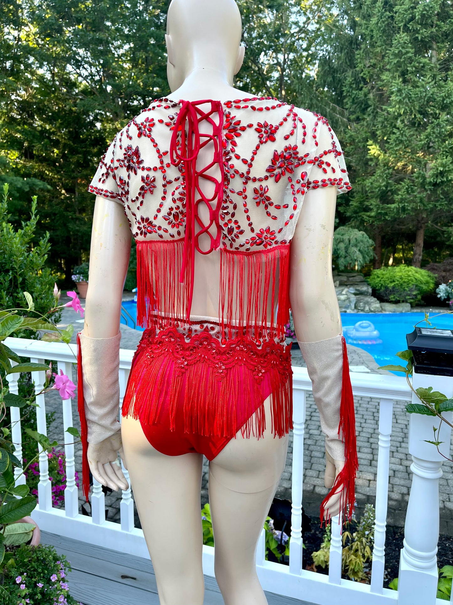Ruby Red Spandex Mesh Crop Top with Matching Bottom