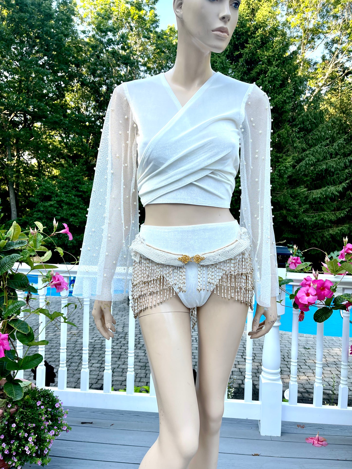 Velvet Pearl Spandex Beaded Mesh Bell Crop Top with Matching Bottom