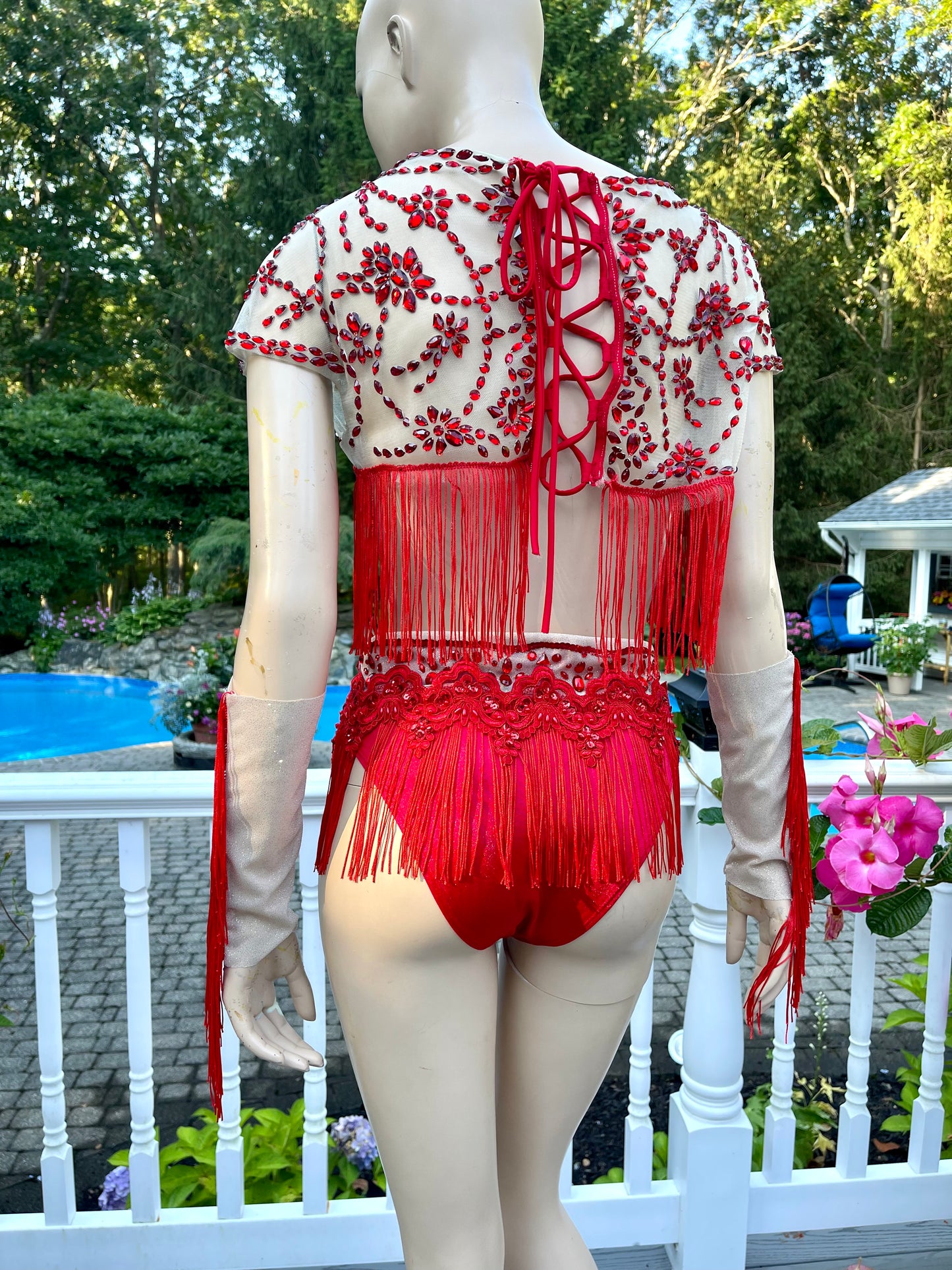 Ruby Red Spandex Mesh Crop Top with Matching Bottom
