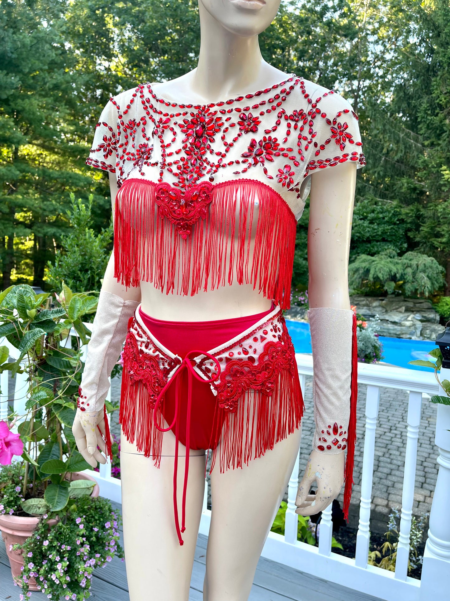 Ruby Red Spandex Mesh Crop Top with Matching Bottom