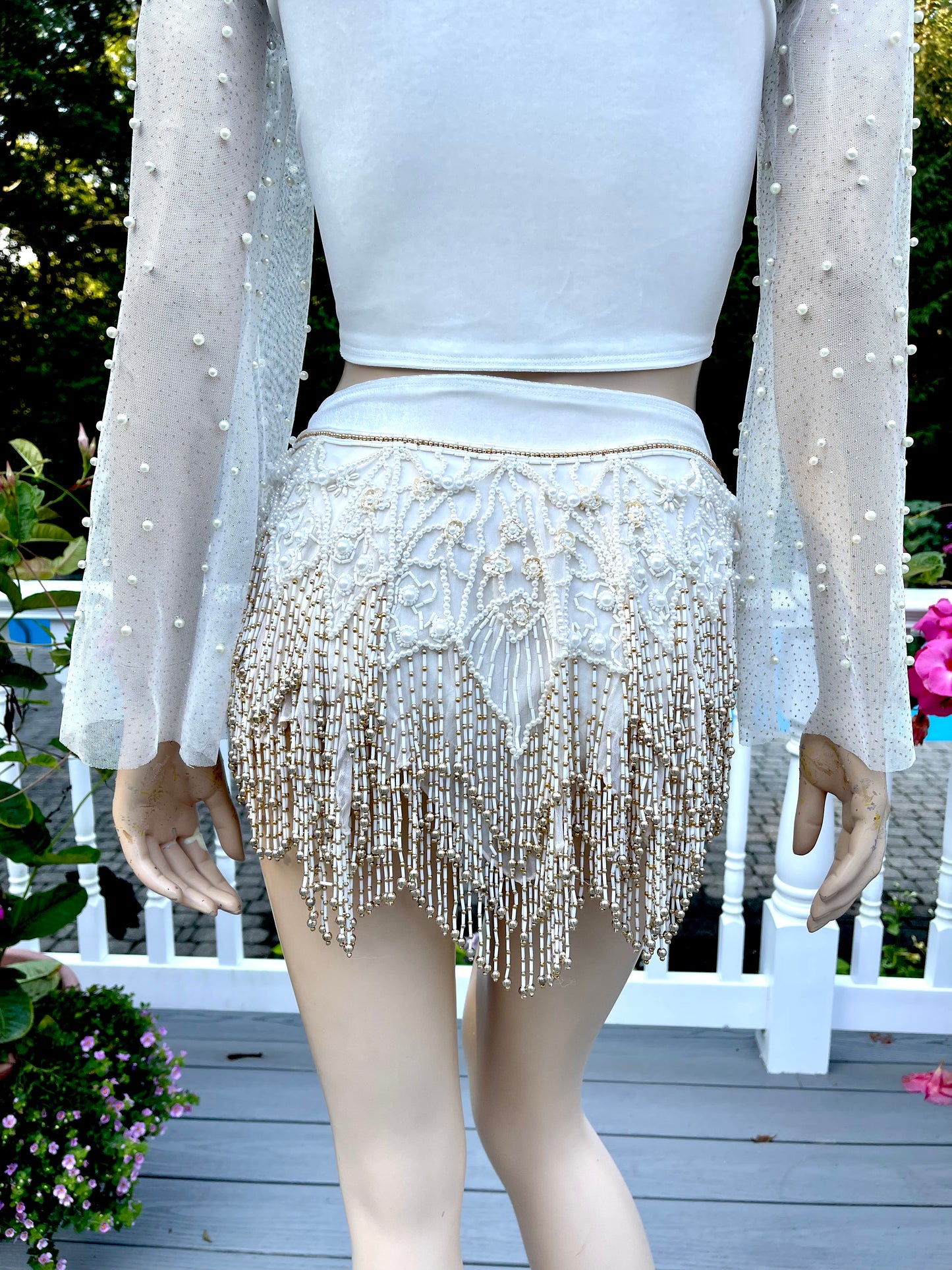 Velvet Pearl Spandex Beaded Mesh Bell Crop Top with Matching Bottom