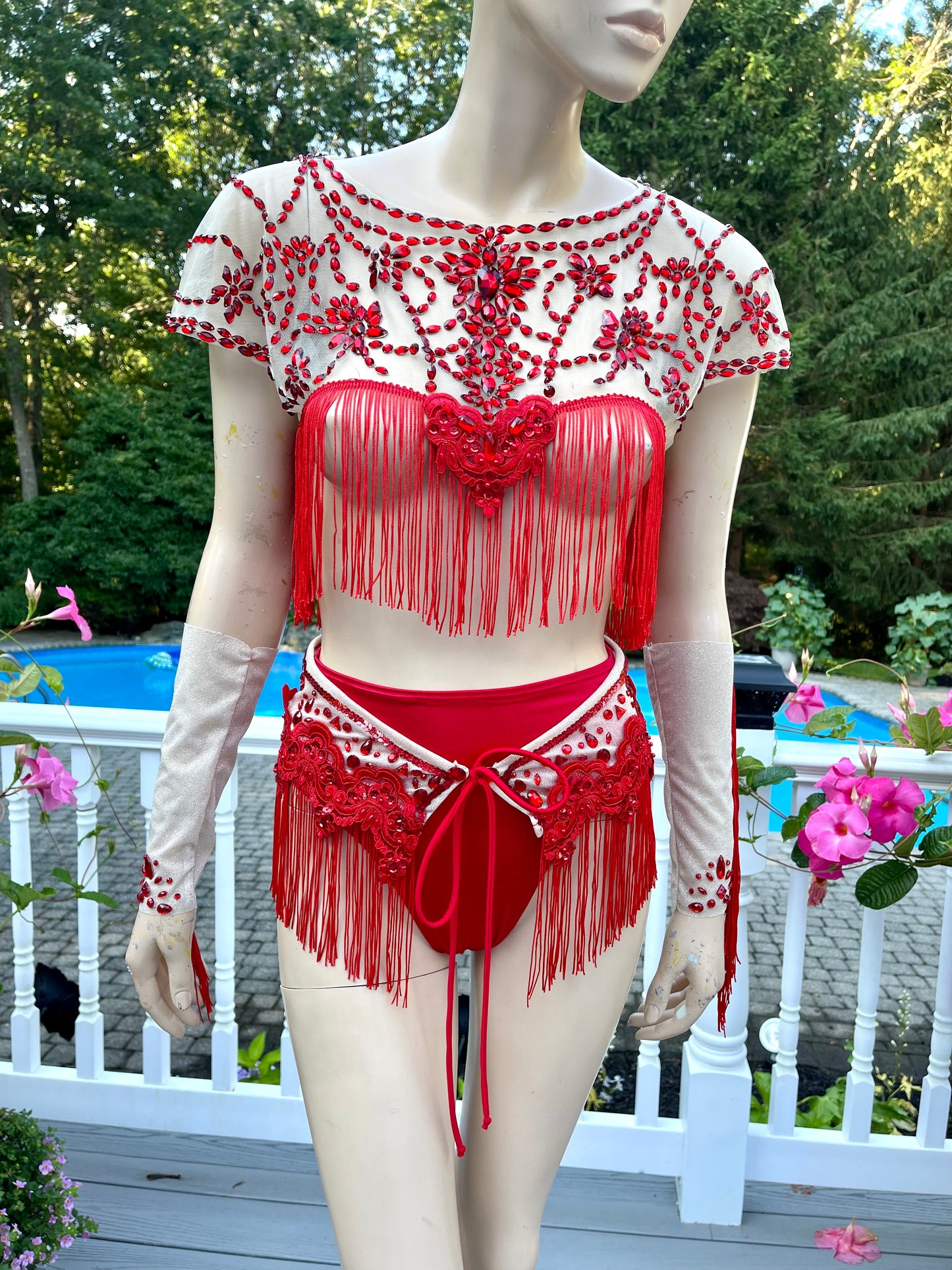 Ruby Red Spandex Mesh Crop Top with Matching Bottom