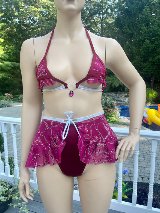 Maroon Pink and Burgundy Glitter Marble 3 Piece set with Ruffles