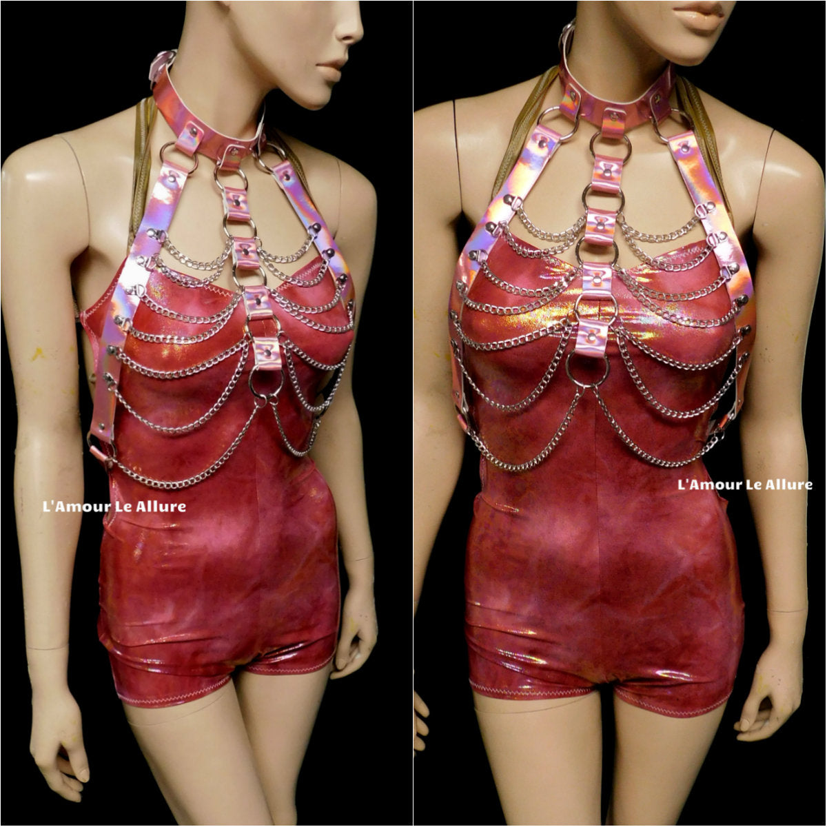 Holographic Pink Body Harness with Silver Chains