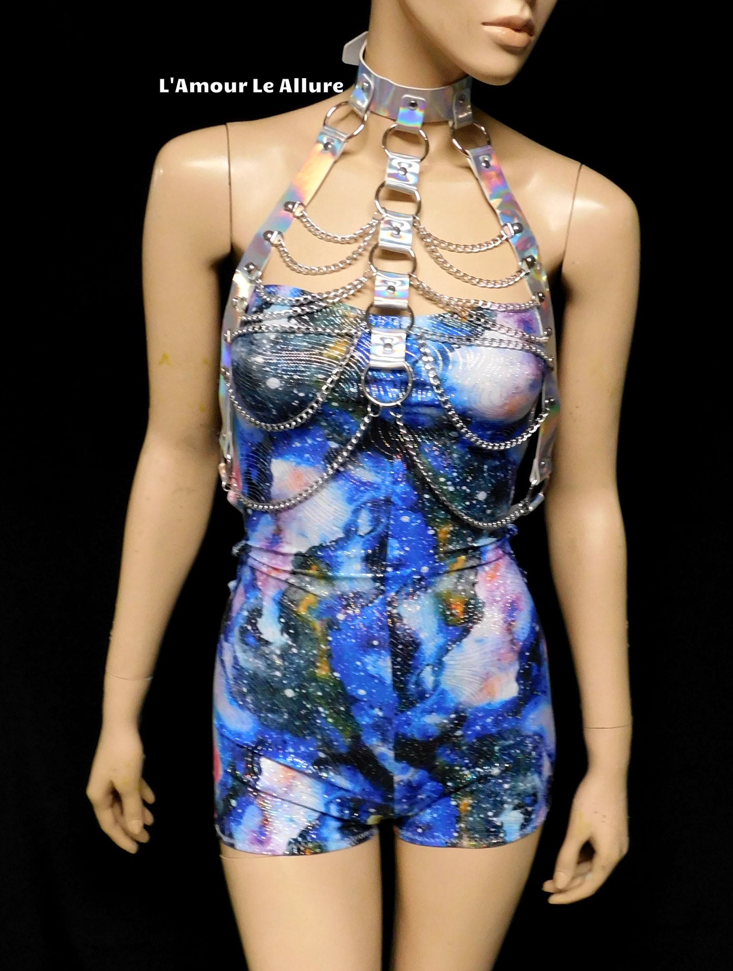 Holographic Silver Body Harness with Silver Chains