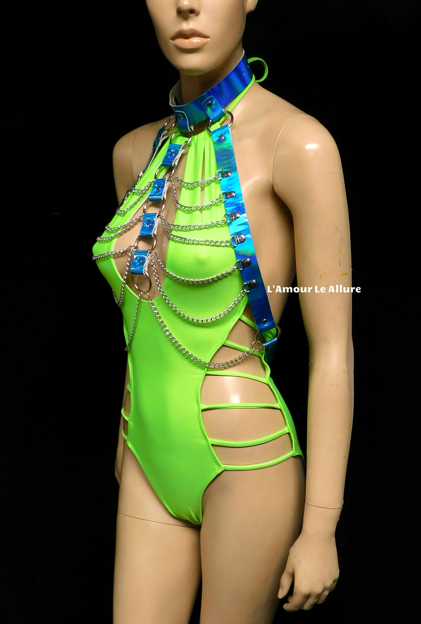 Holographic Blue Turquoise Body Harness with Silver Chains