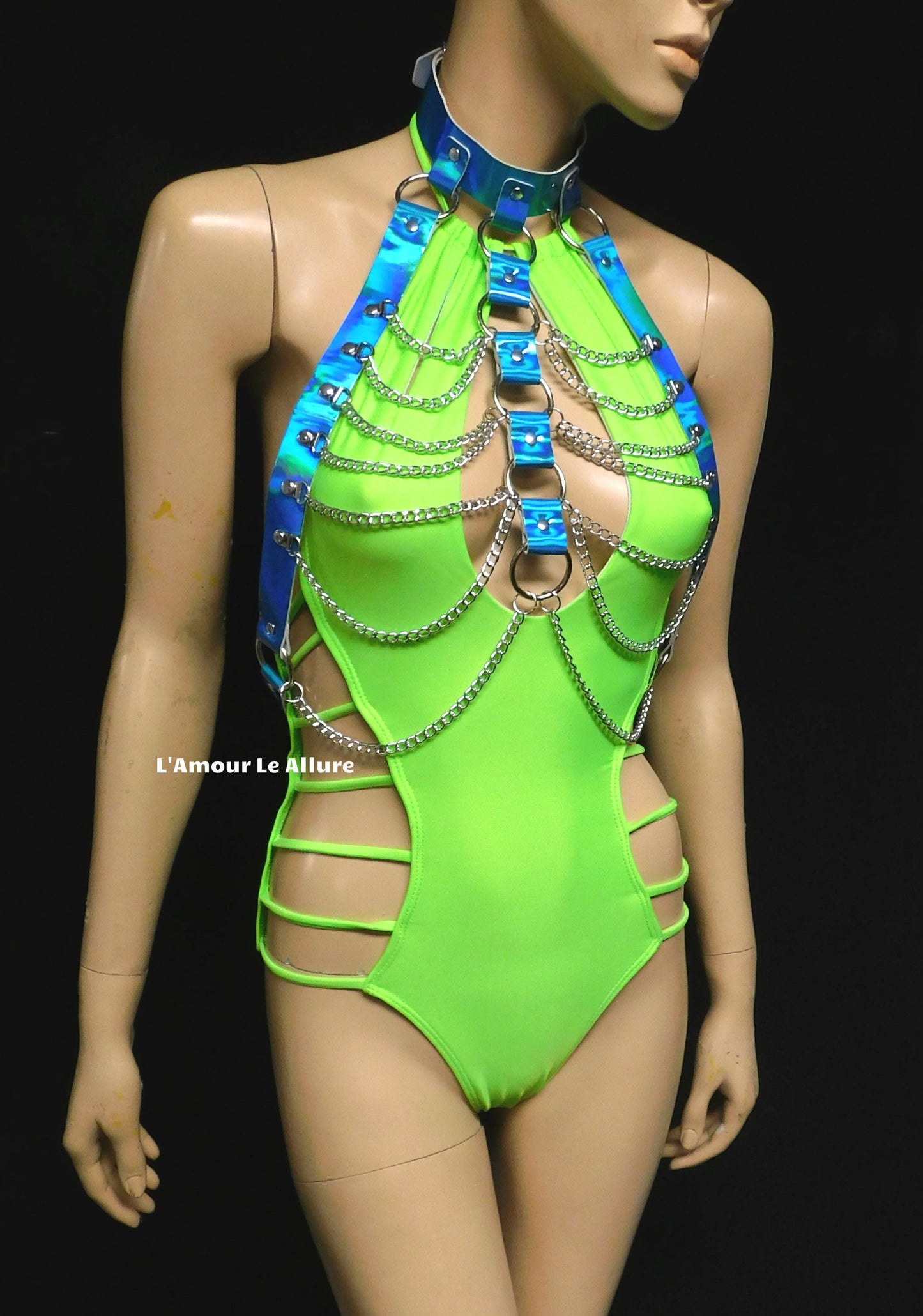 Holographic Blue Turquoise Body Harness with Silver Chains