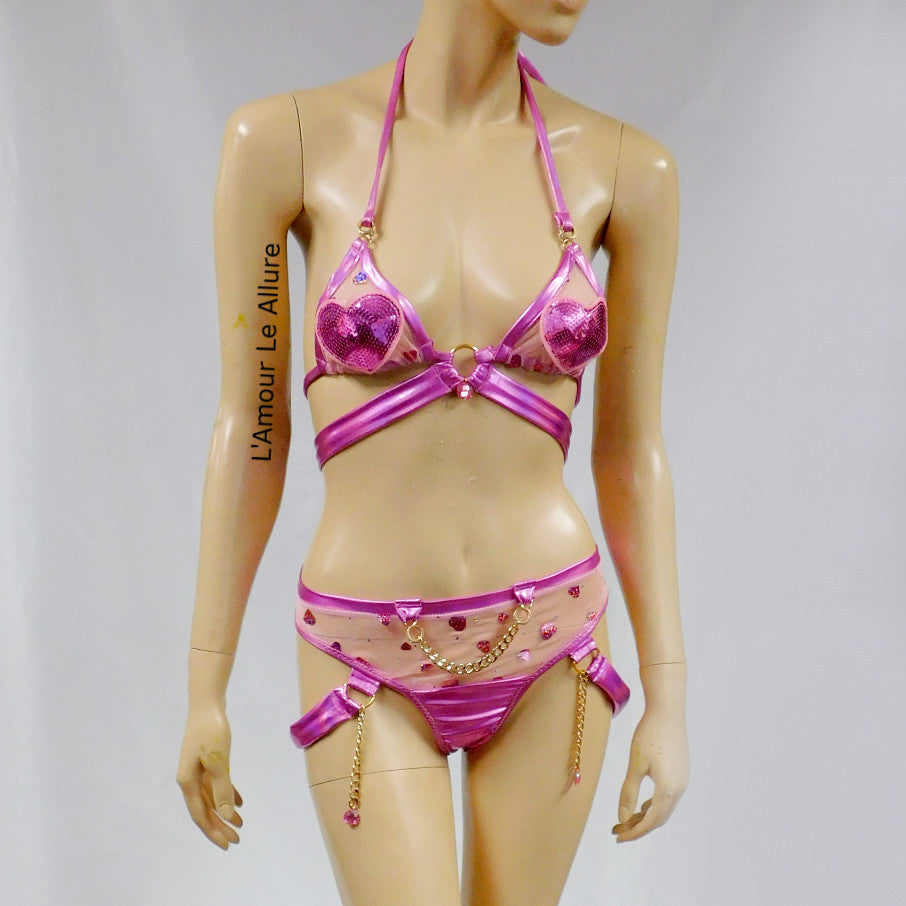 Pink Sequin Heart Mesh Bikini with Straps Dance Festival Outfit