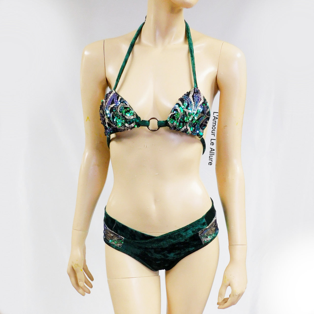 Green Suede Sequin Mesh Bikini Dance Festival Outfit