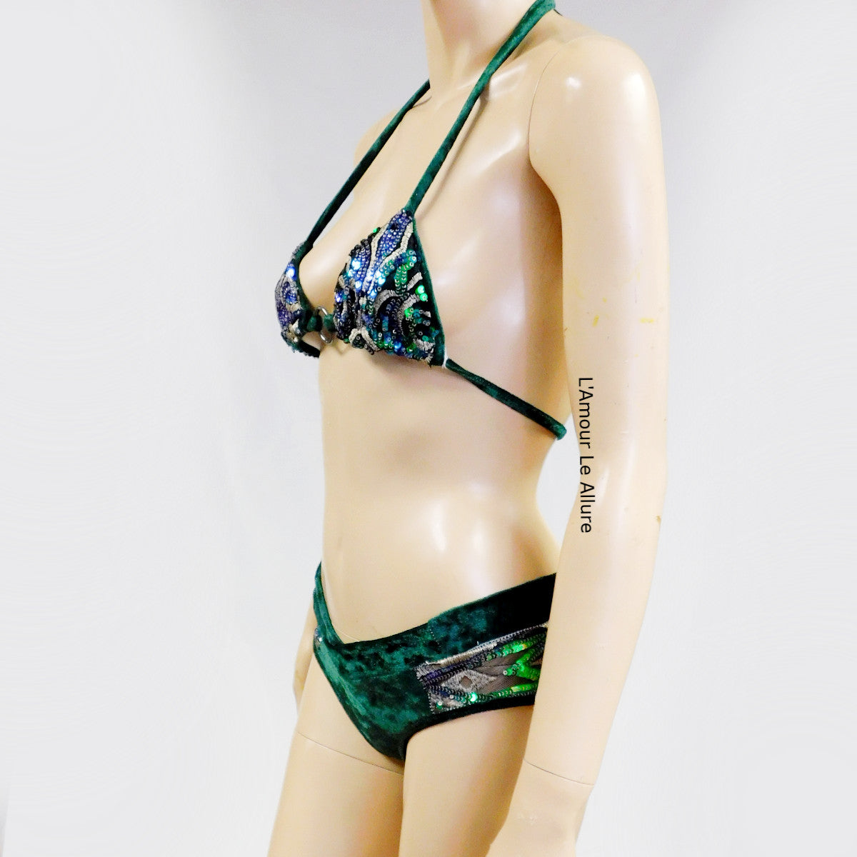 Green Suede Sequin Mesh Bikini Dance Festival Outfit