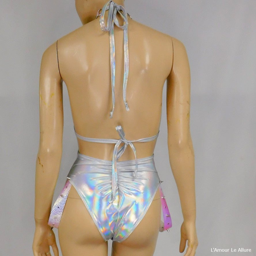 White Holographic Sequin Bodysuit Monokini Dance Festival