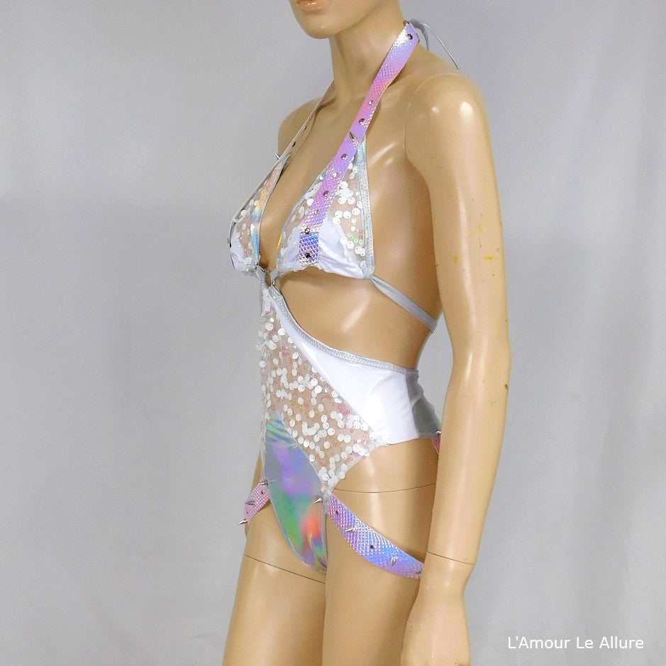 White Holographic Sequin Bodysuit Monokini Dance Festival