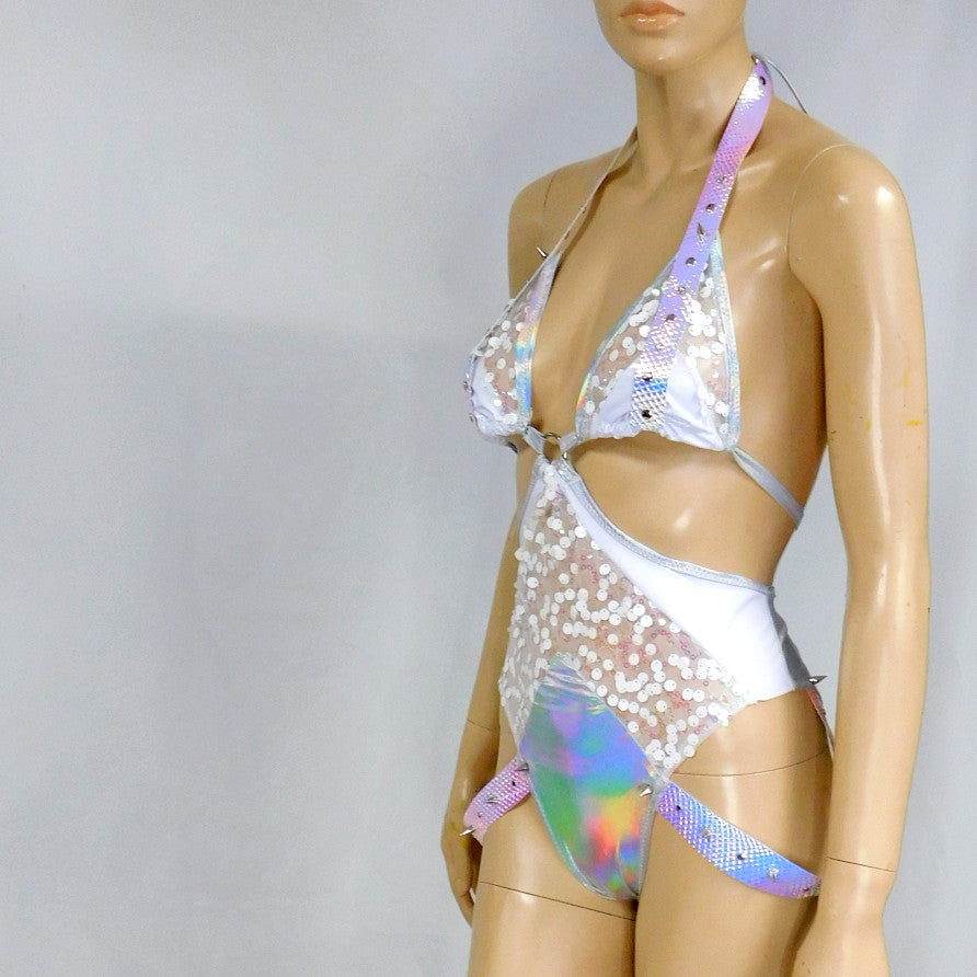 White Holographic Sequin Bodysuit Monokini Dance Festival