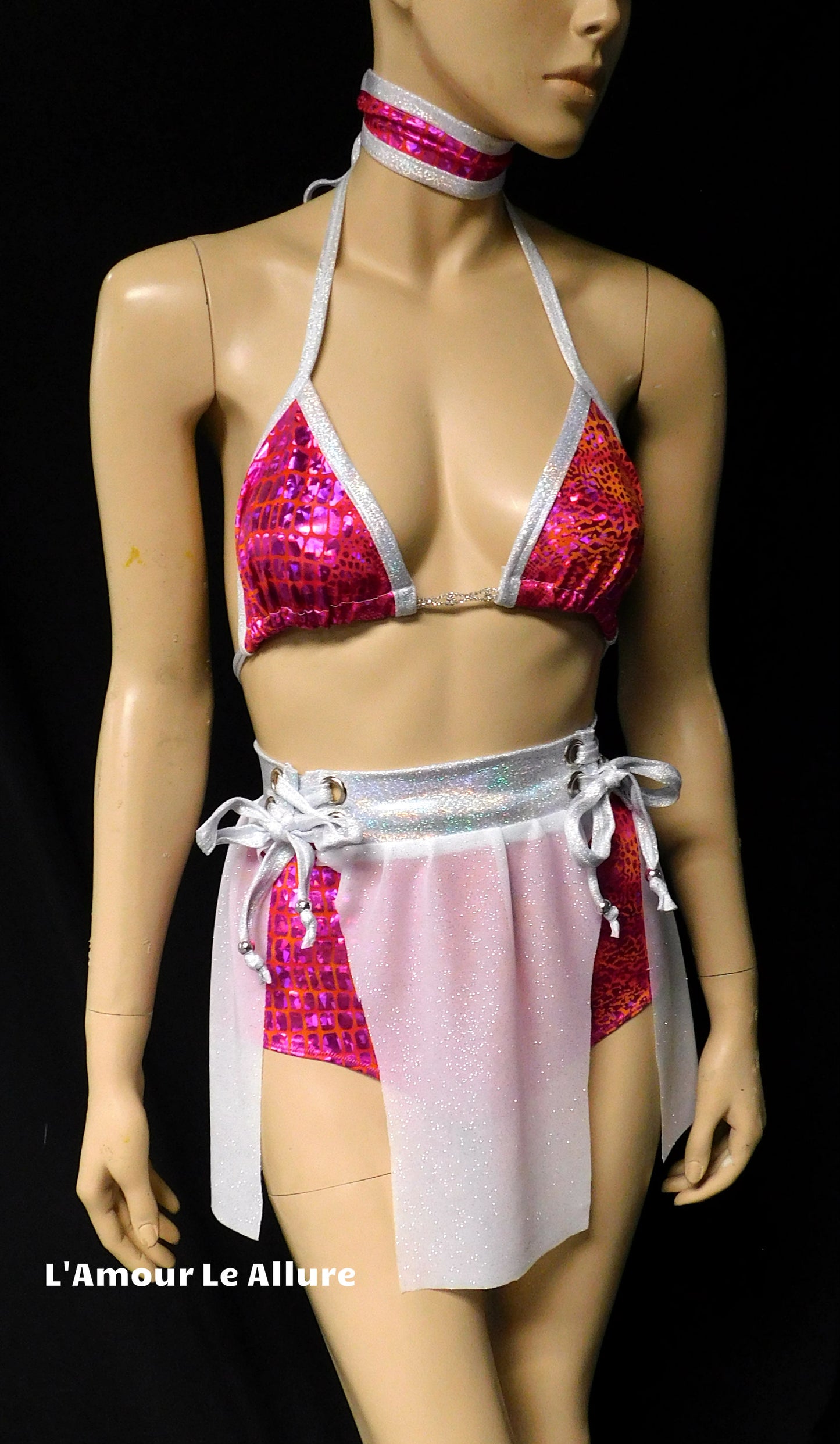 Hot Pink Holographic Snake Skin Animal Print Bikini With Choker, High Waist Skirt and Bottom