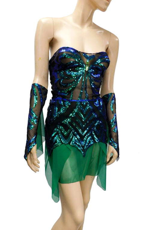 Dark Green and Blue Iridescent Sequins Butterfly Goddess Fairy Dress Dance Festival