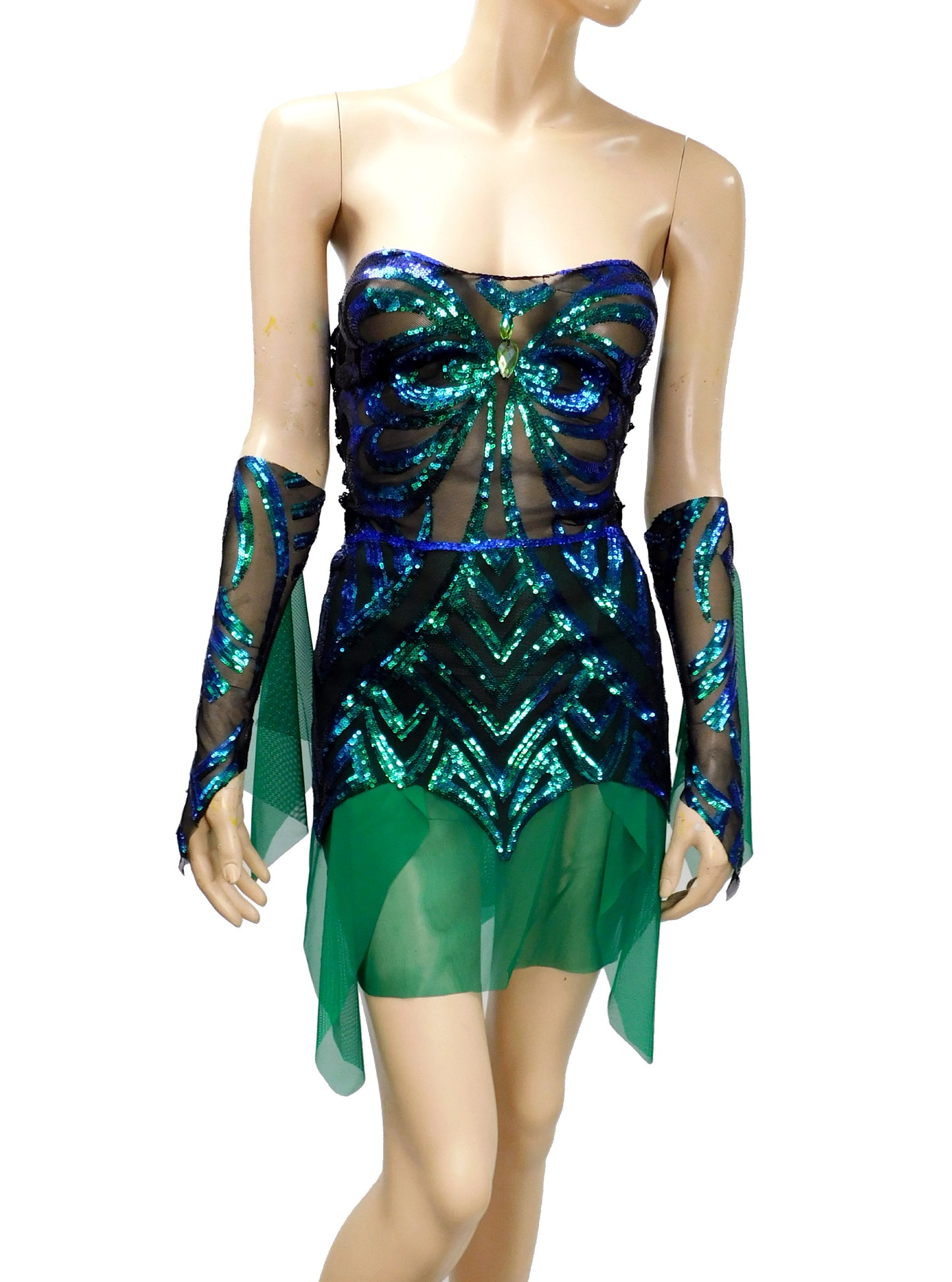Dark Green and Blue Iridescent Sequins Butterfly Goddess Fairy Dress Dance Festival