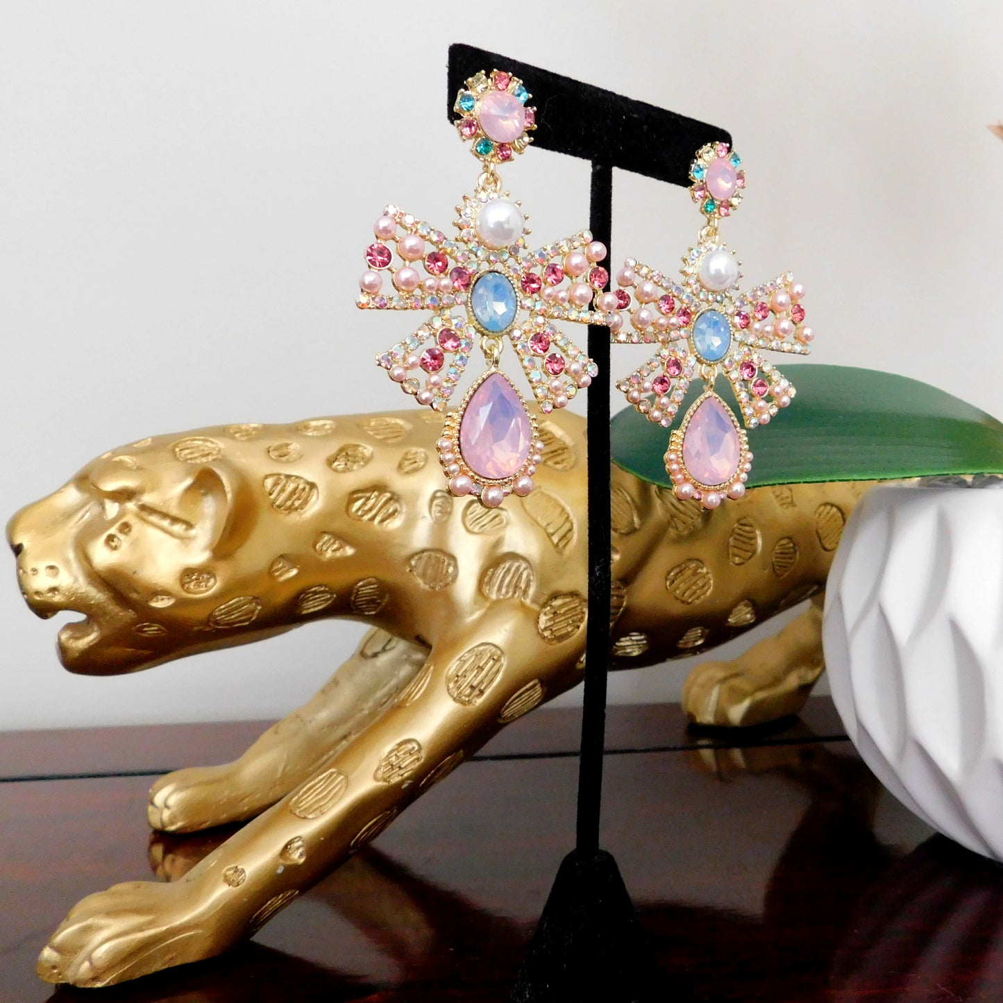 Baroque Pink Crystal Rhinestone Bow Tie Stud Earrings with pearl detailing