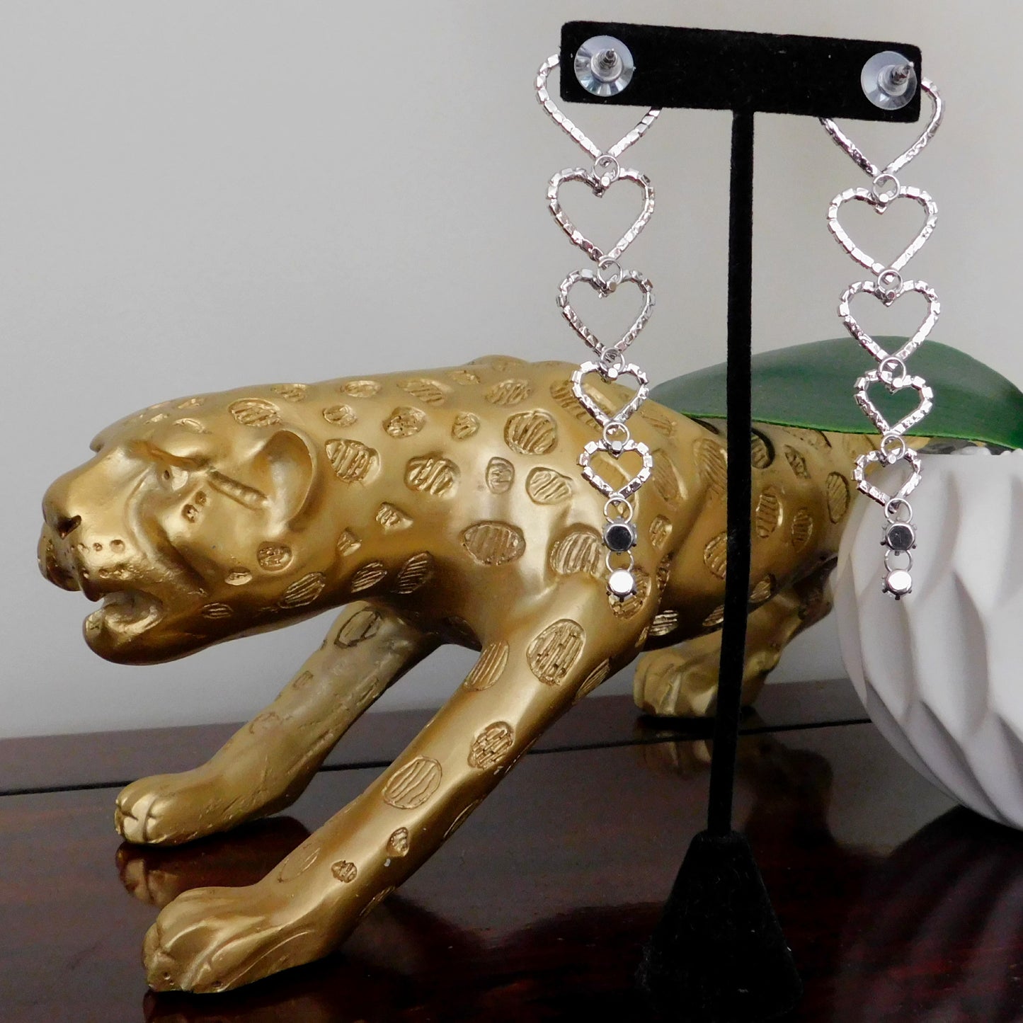Long Silver Crystal heart Tassel Drop Stud Earrings Fashion Jewelry