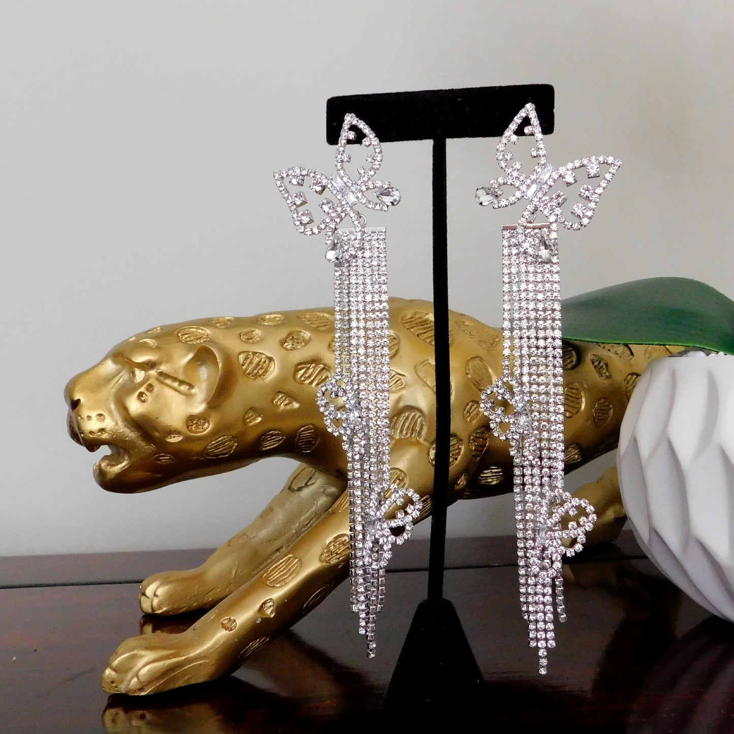 Long tassel Rhinestone Drop Stud Earrings with Fairy Butterfly Crystal
