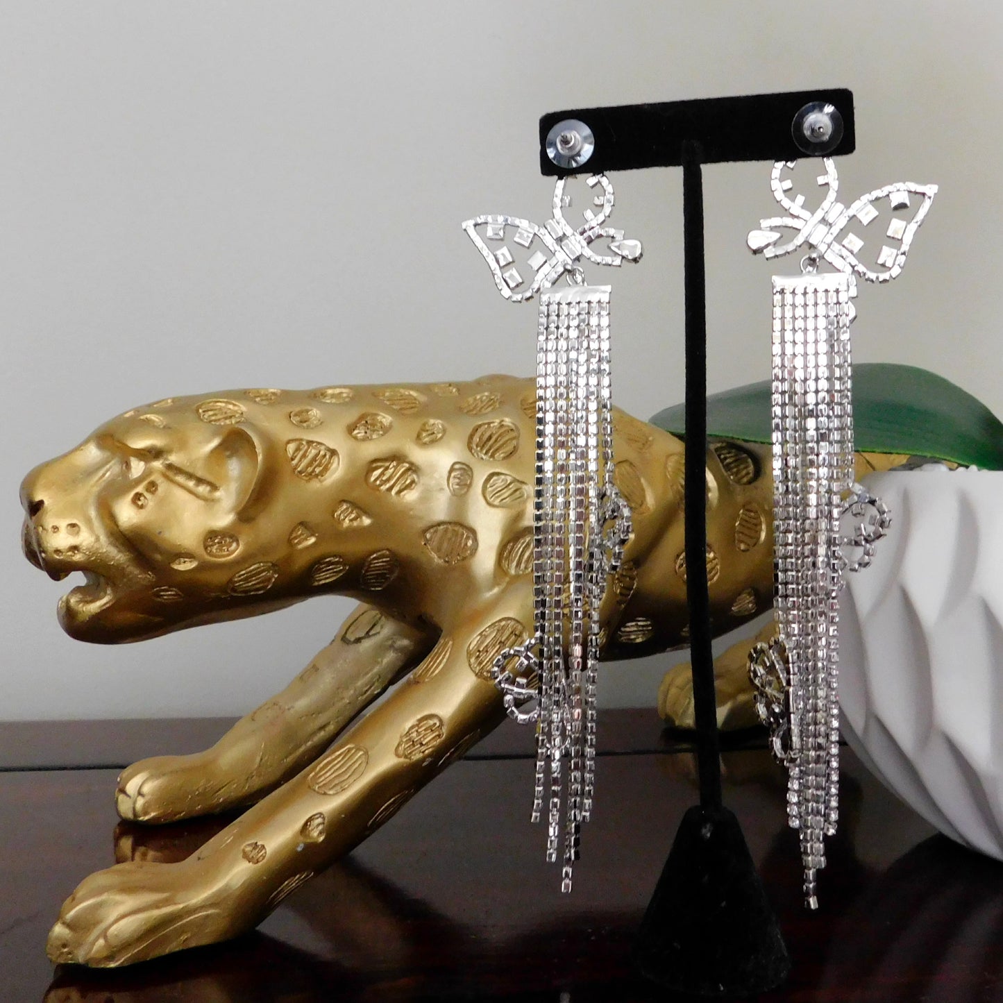 Long tassel Rhinestone Drop Stud Earrings with Fairy Butterfly Crystal