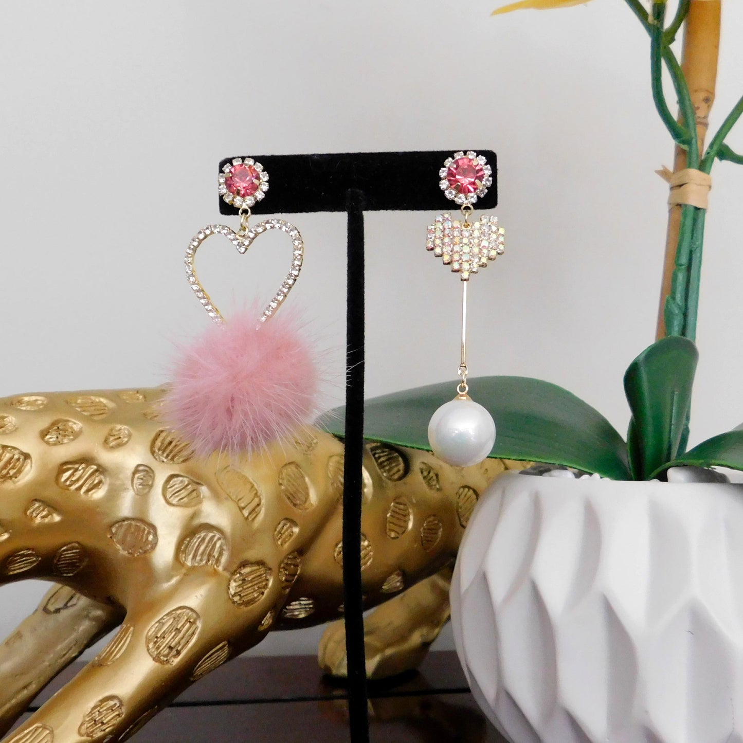 Iridescent Pink and Gold Heart Dangle Earrings with Pom Pom and Beads