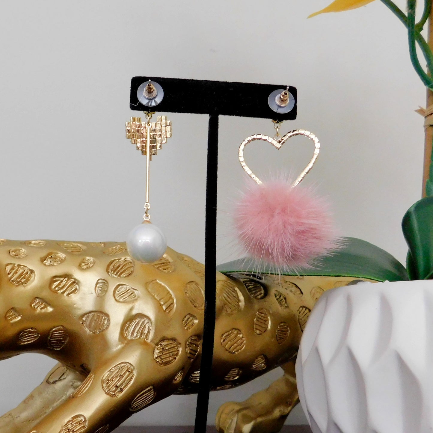 Iridescent Pink and Gold Heart Dangle Earrings with Pom Pom and Beads