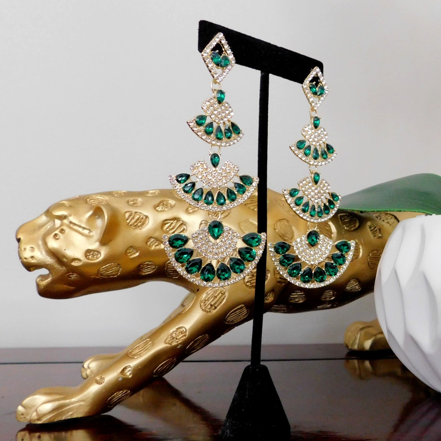 Long Gold Green Crystal Rhinestone Drop Earrings Sector Geometric Stud Earrings