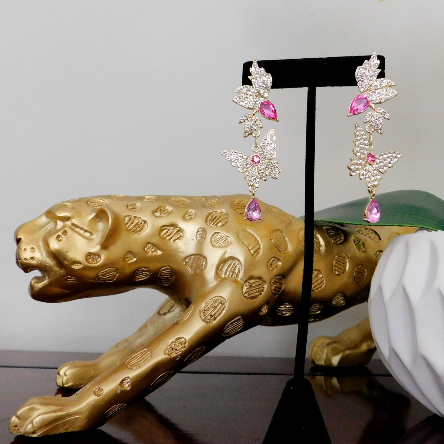 Gold and pink Crystal Rhinestone Butterfly Dangle Stud Earrings