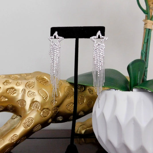 Long Silver Crystal Rhinestone Tassel Star earrings Fashion Jewelry